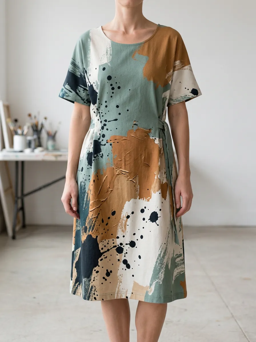 Women's Abstract Print Tie-Waist Midi Dress