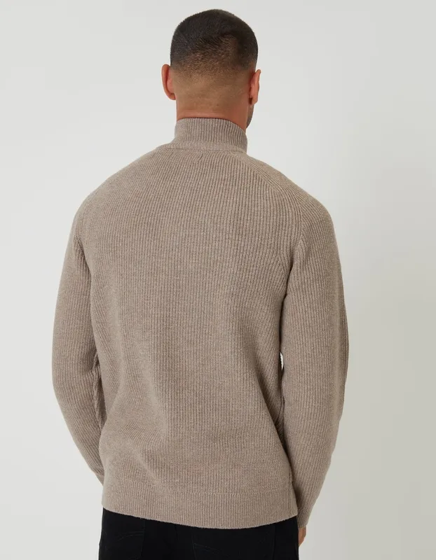 Taupe Rib Panel Quarter-Zip Knit Sweater