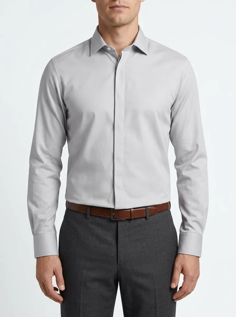 Men's Light Grey Hidden Placket Dress Shirt