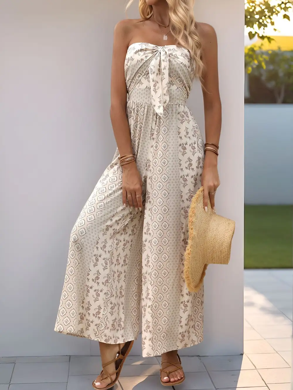 Boho Floral Strapless Wide-Leg Jumpsuit