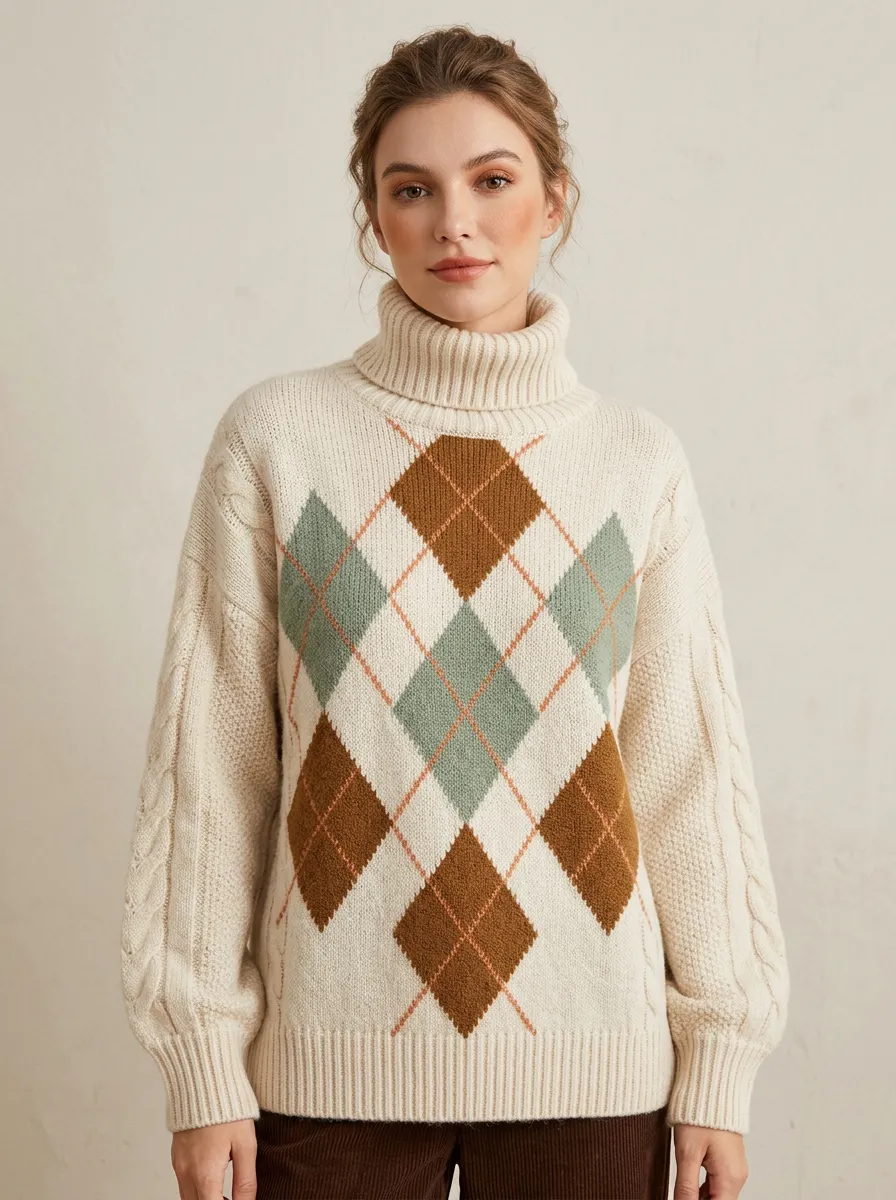 Women's Vintage Style Argyle Pattern Knitted Turtleneck Sweater