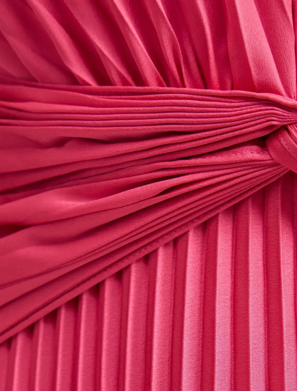Bright Pink Pleated Halter Neck Satin Maxi Dress