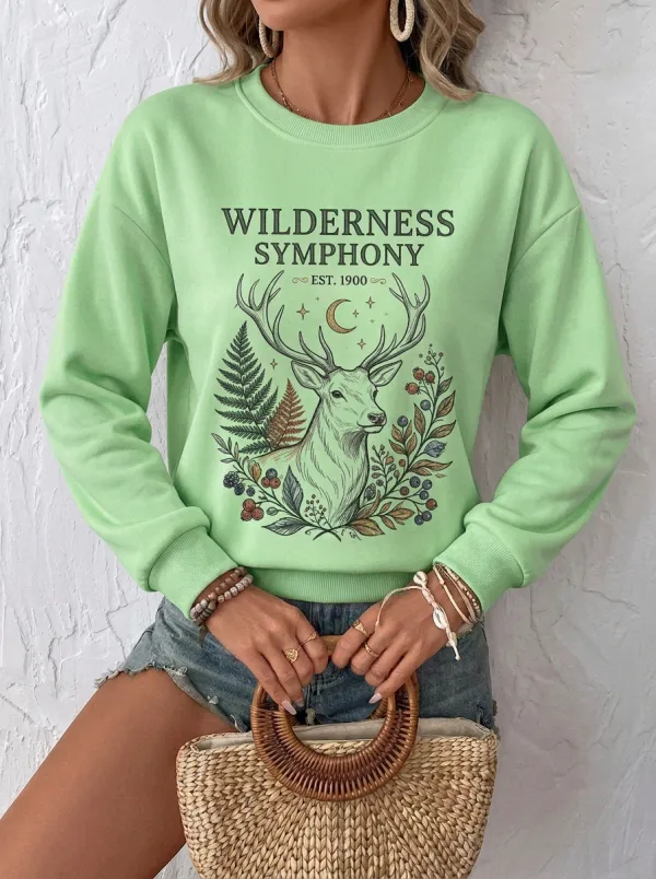 Women's Nature-Inspired Wilderness Symphony Deer Printed Sweatshirt