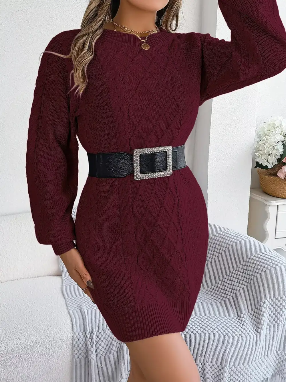 Polished Detail Knit Long Sleeve Sweater Dress