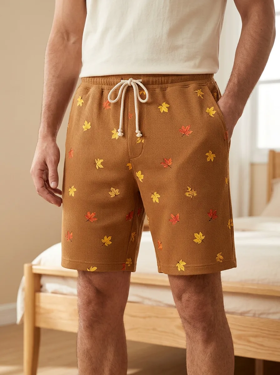Maple Leaf Print Waffle Knit Drawstring Shorts