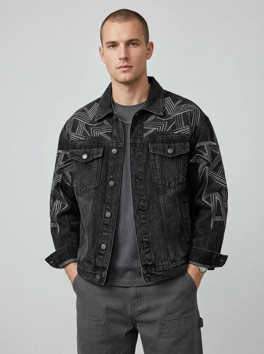 Men's Decorative Style Geometric Printed Denim Jacket