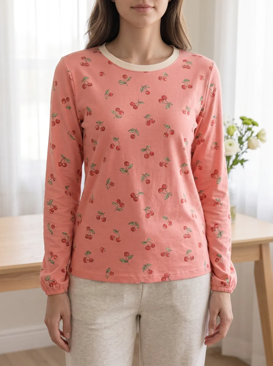 Women's Fresh Casual Sweet Style Cherry Pattern Printed Long Sleeve T-shirt