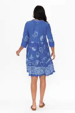 Above-Knee Abstract Cotton Tiered Pocket Embroidered V-Neck Dress
