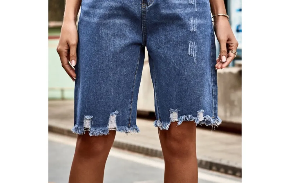 Raw-Hem High-Waist Denim Shorts with Pockets