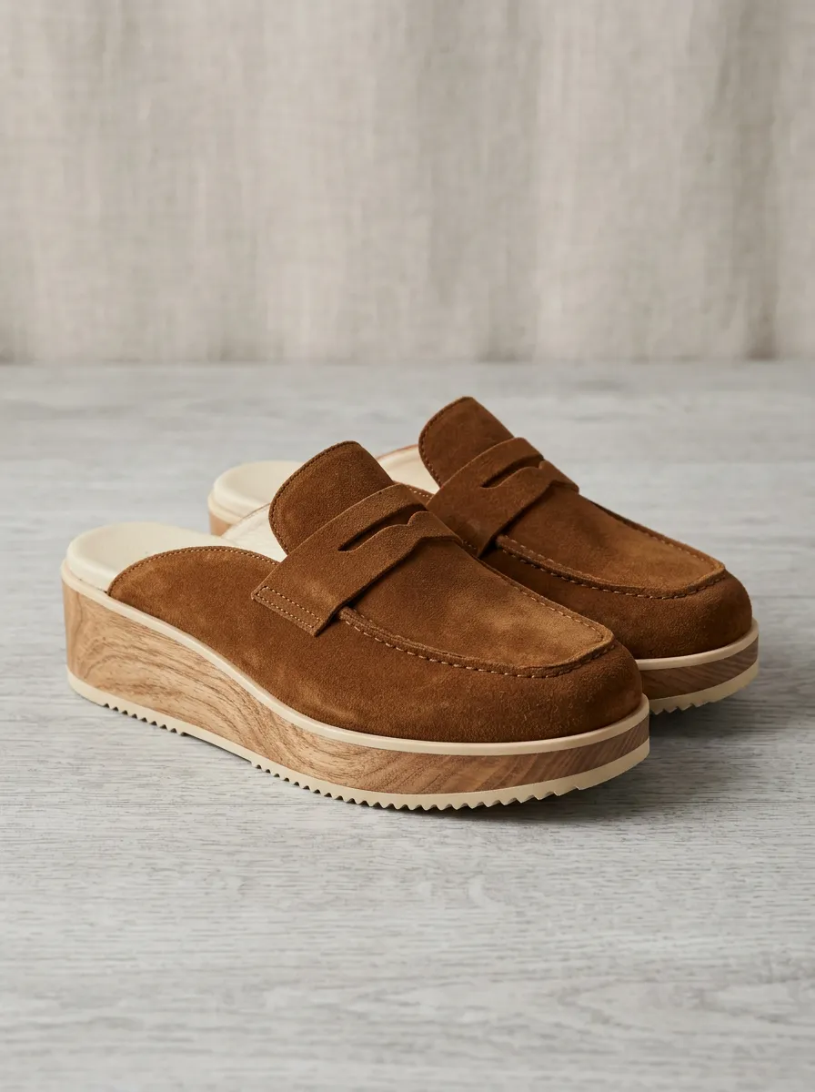 Women's Classic Platform Clog Style Suede Wood Sole Loafers
