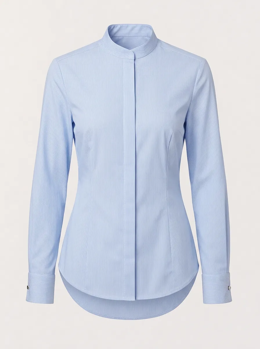 Women's Blue Striped Mandarin Collar Long Sleeve Button-Up Shirt
