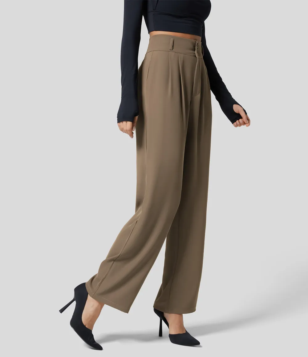 High Waisted Button Zipper Plicated Side Pocket Shirred Straight Leg Work Pants