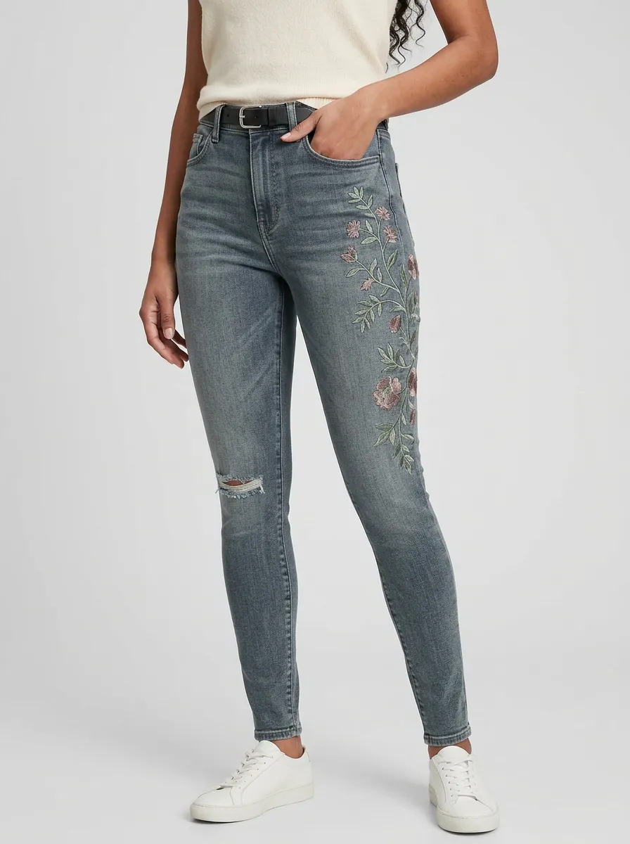 Women's Floral Gray Distressed Embroidered Slim Jeans