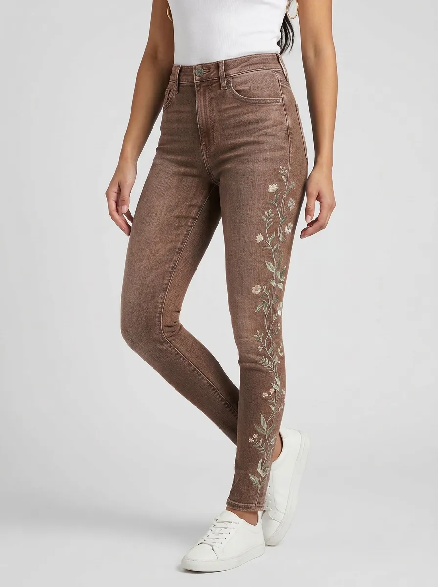 Women's Floral Botanical Vine Embroidered Graphic Slim Jeans