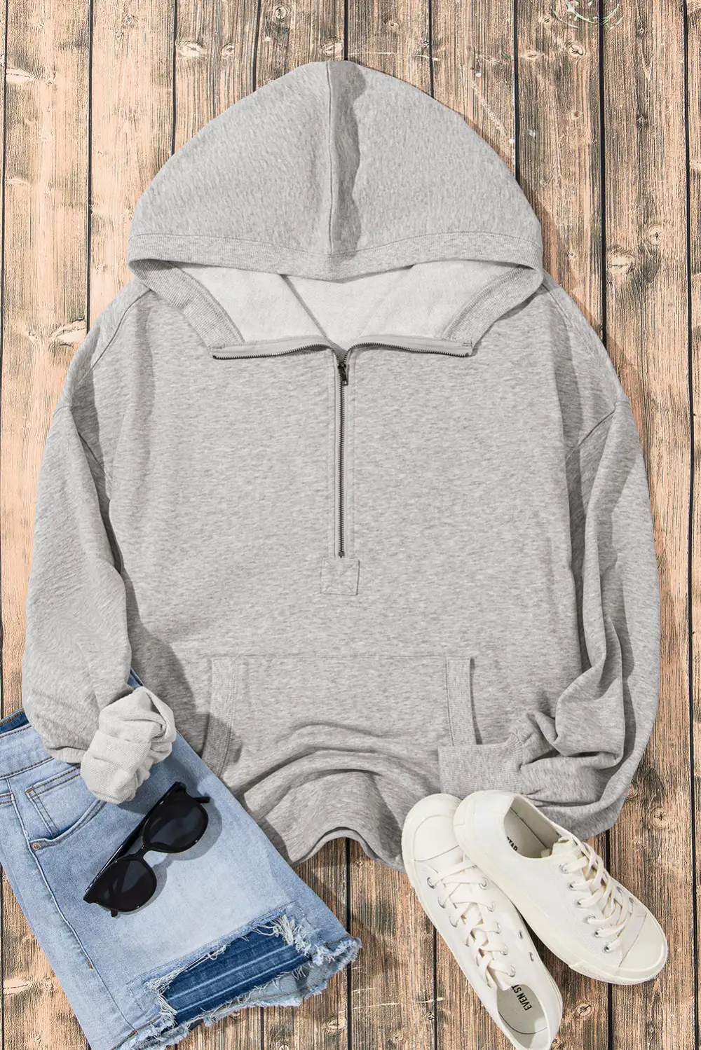Solid Kangaroo Pocket Half Zipper Oversized Hoodie