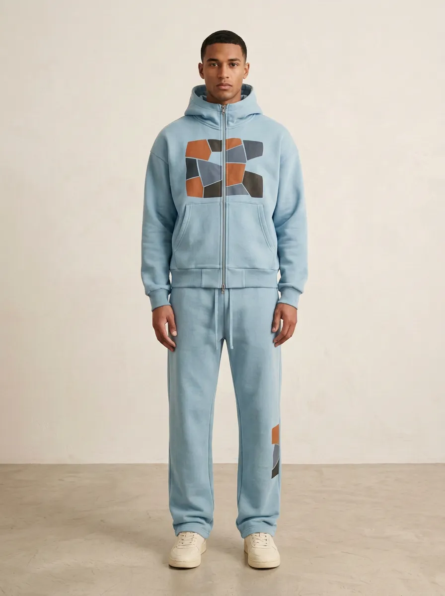 Men's Geometric Patchwork Olive Printed Hoodie Tracksuit