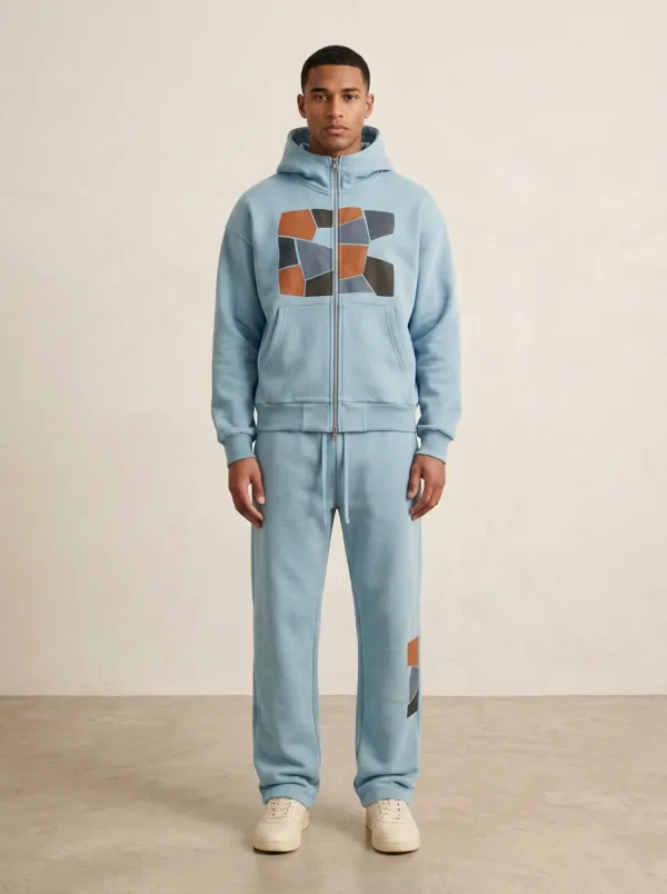 Men's Geometric Patchwork Olive Printed Hoodie Tracksuit