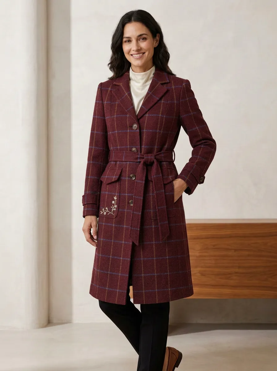 Women's Plaid Floral Embroidered Belted Coat
