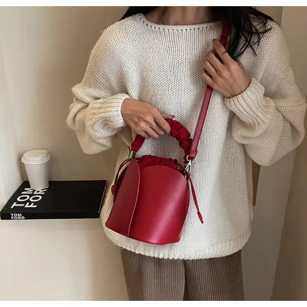 Faux Leather Pleated Drawstring Bucket Bag
