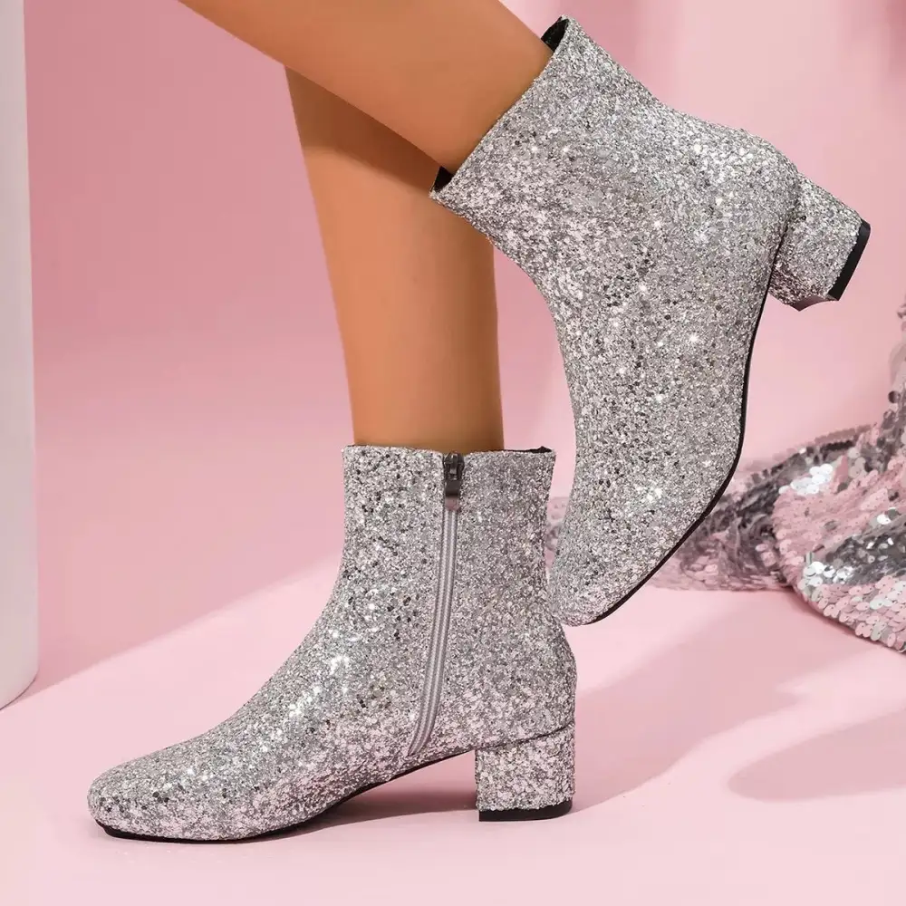 Sequin Round Toe Block Heel Boots