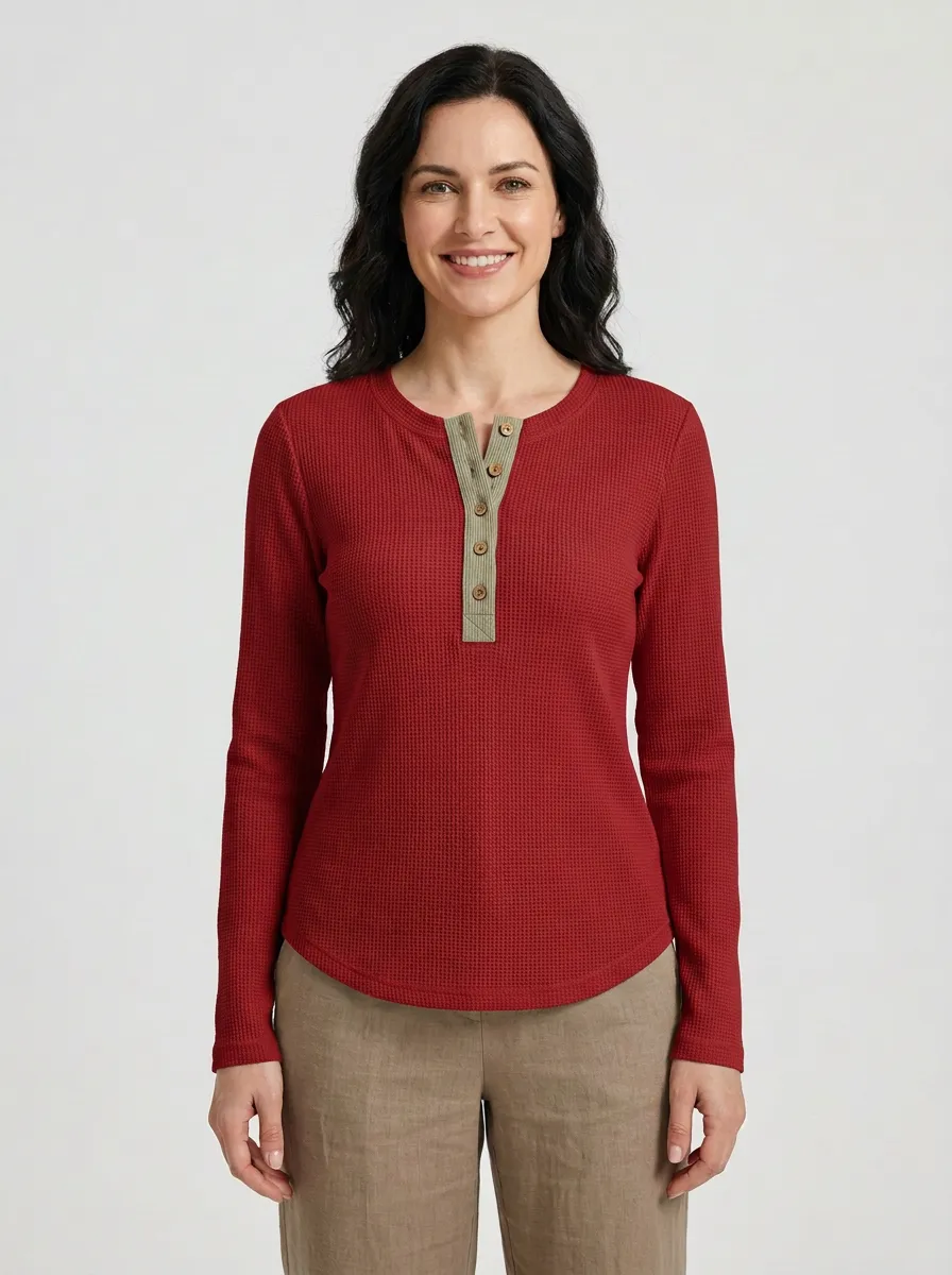 Women's Casual Minimalist Waffle Knit Button-Up Henley Shirt