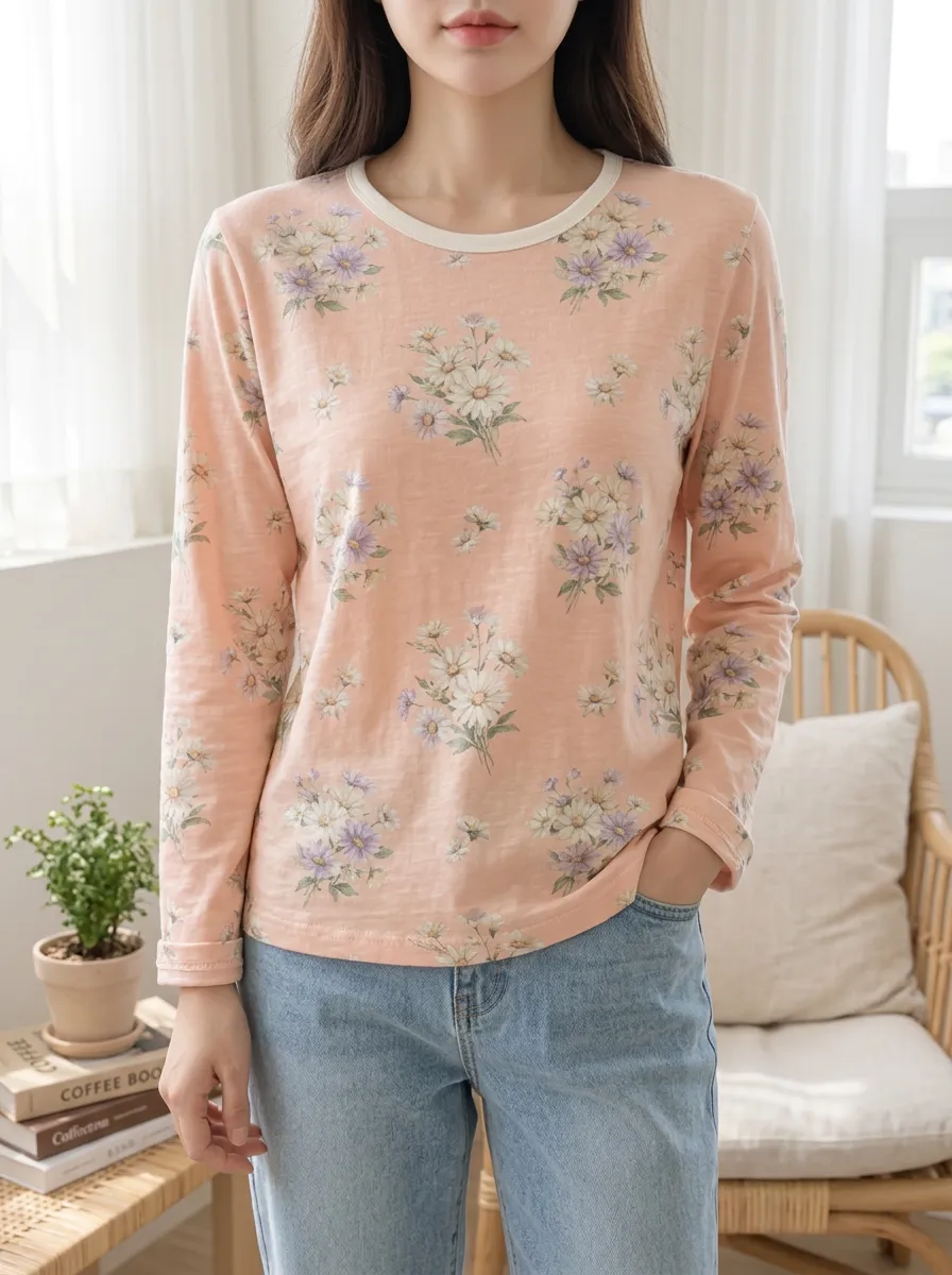 Women's Soft Everyday Sweet Style Peach Floral Printed Long Sleeve T-shirt