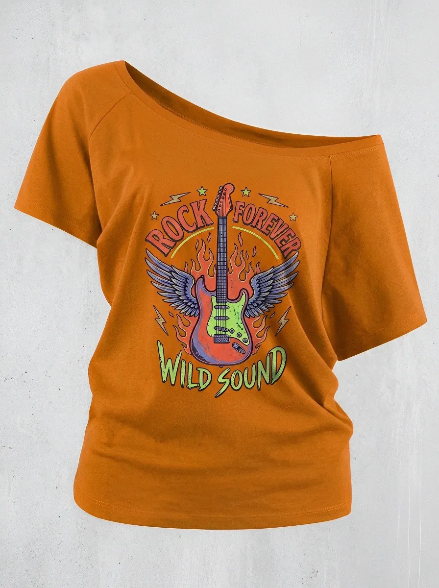 Women's Rock Music Lover Flaming Guitar Wings Printed Off-Shoulder Top