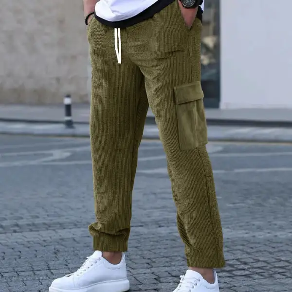 Men's Corduroy Jogger-style Pants Waistband Cargo Pockets Leg Cargo Pants