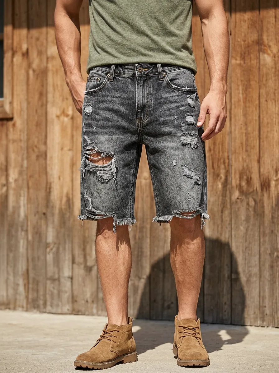 Men's Denim Five Pocket Detail Ripped Denim Shorts