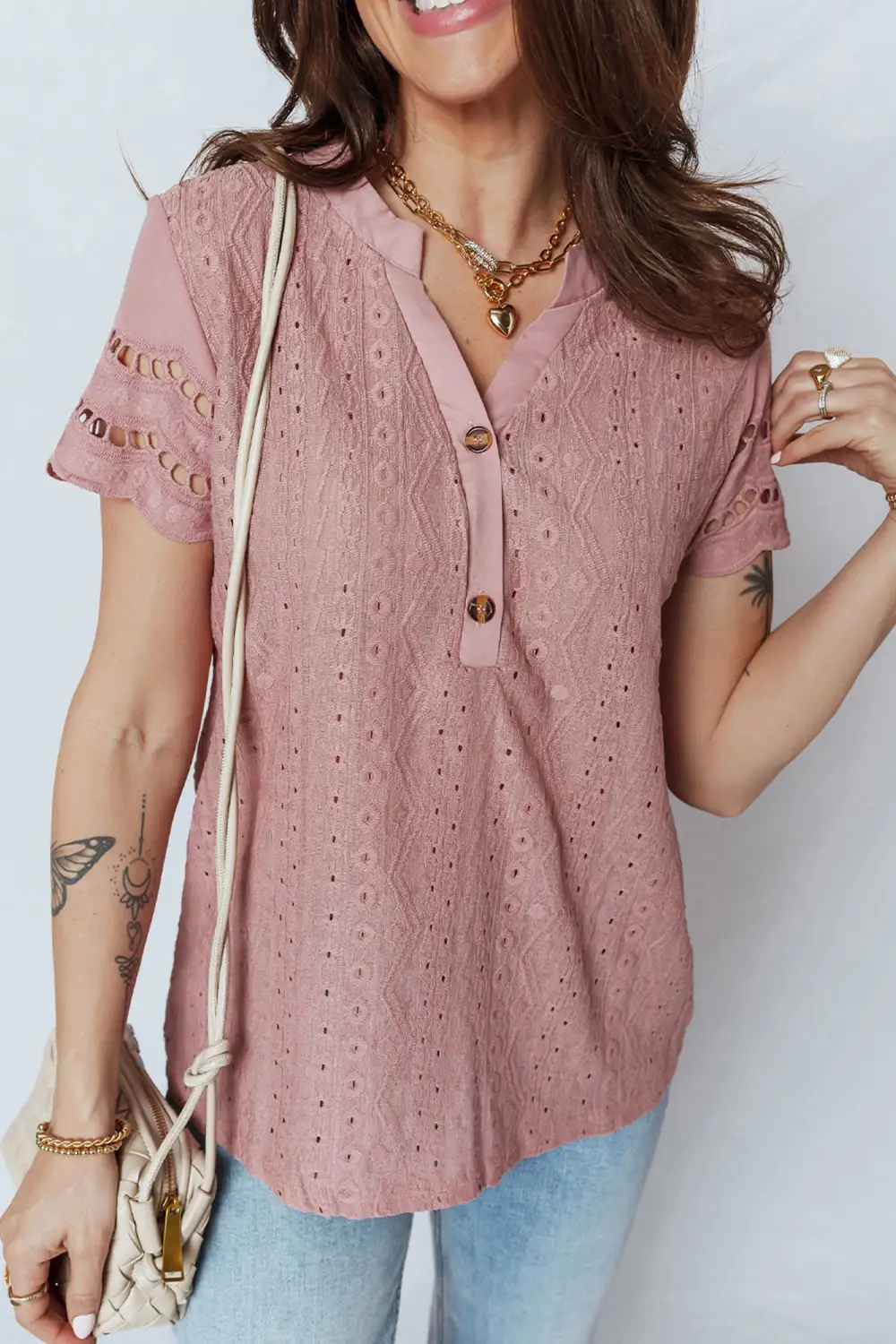 Women's Embroidered Textured Short Sleeve Top