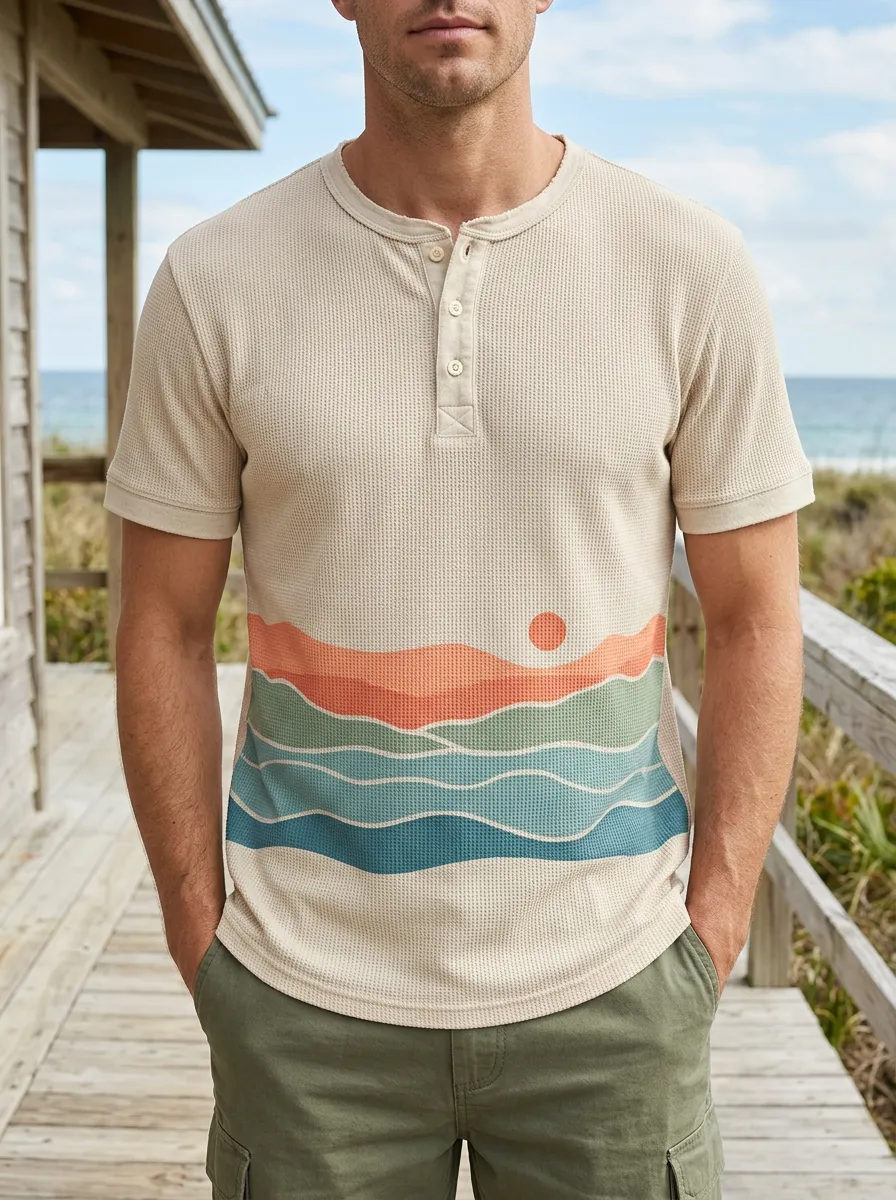 Men's Beach Lover Sunset Ocean Waves Printed Waffle Henley T-Shirt