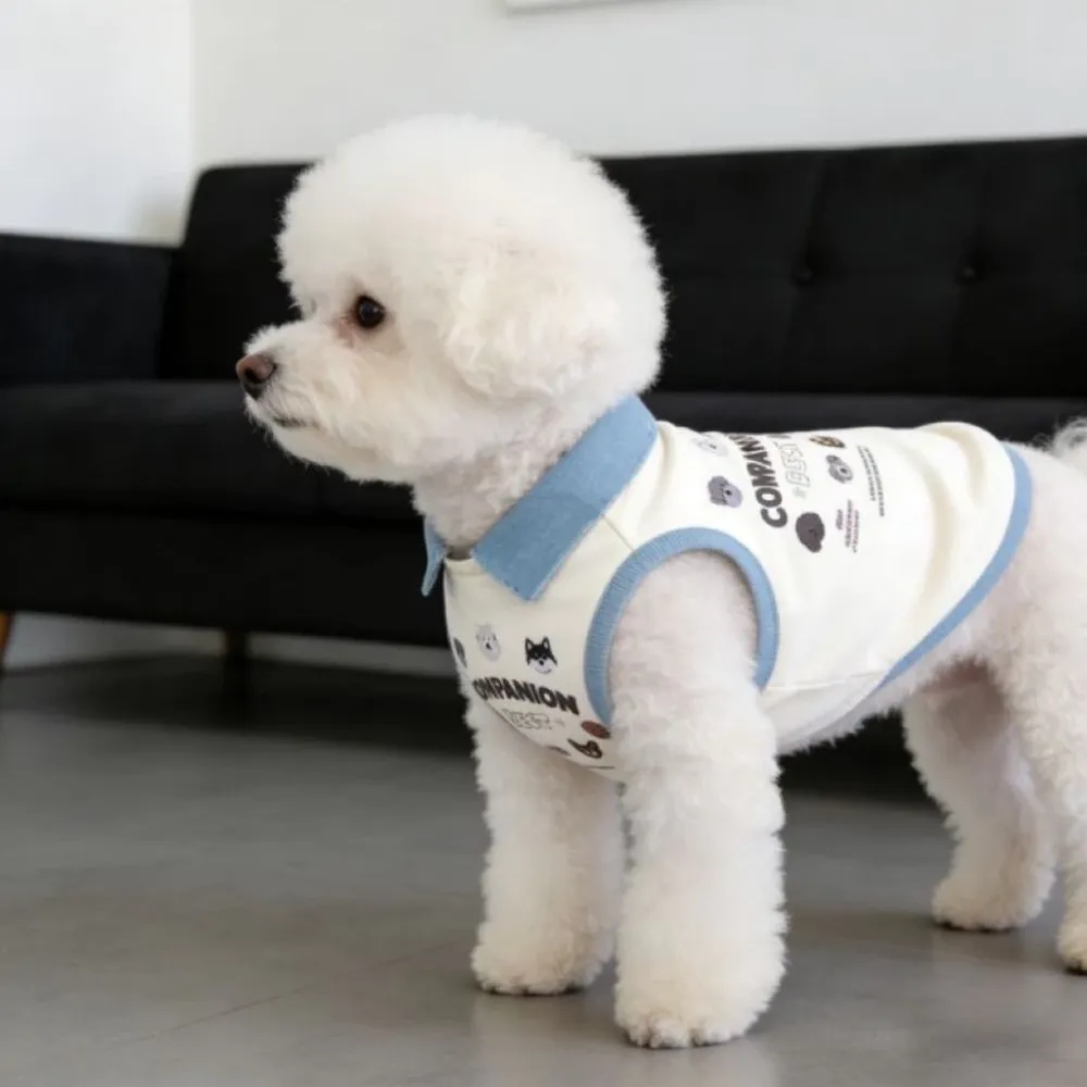 Pet Dog Vest Denim Lapel Sleeveless Shirt Cartoon Dog Face Print Soft Cotton Clothes for Small Medium Puppy Kitten