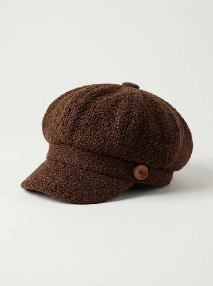 Unisex Brown Teddy Fleece Button-Detail Beret