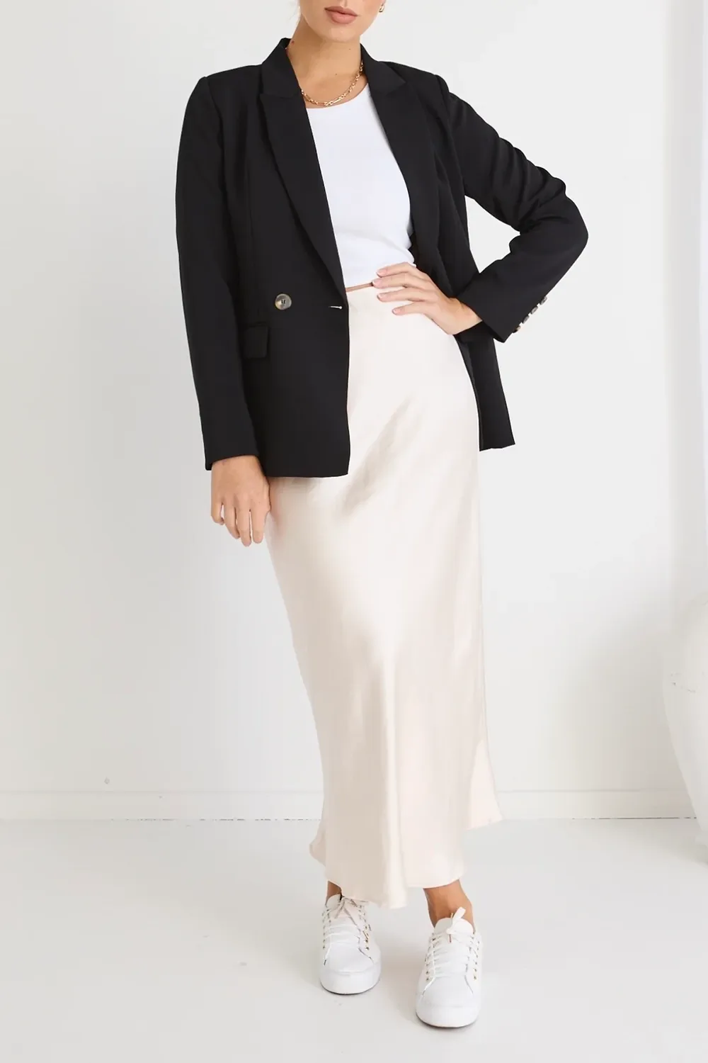 White Satin Asymmetric Midi Skirt