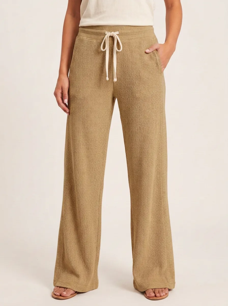 Women's Casual Lounge Waffle Knit Drawstring Wide Leg Pants