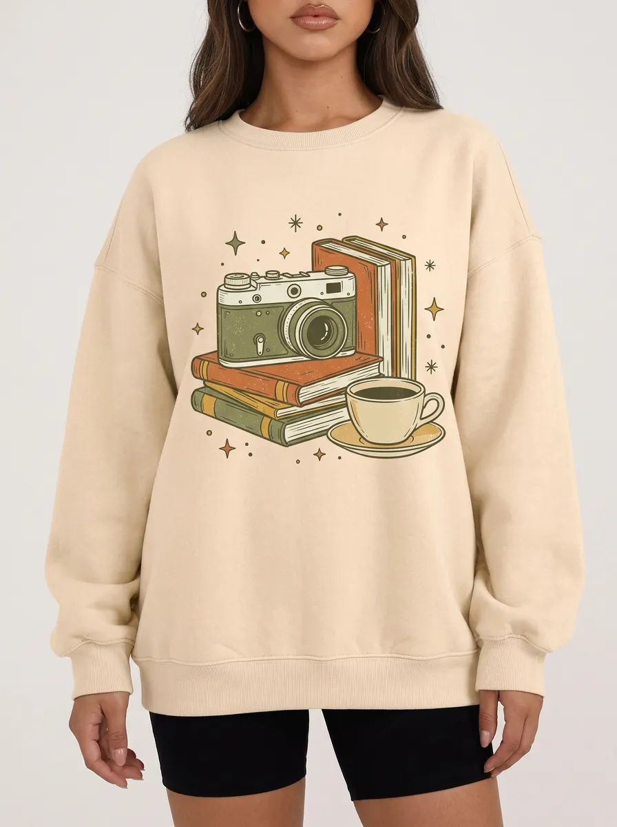 Women's Book Photography Coffee Graphic Sweatshirt
