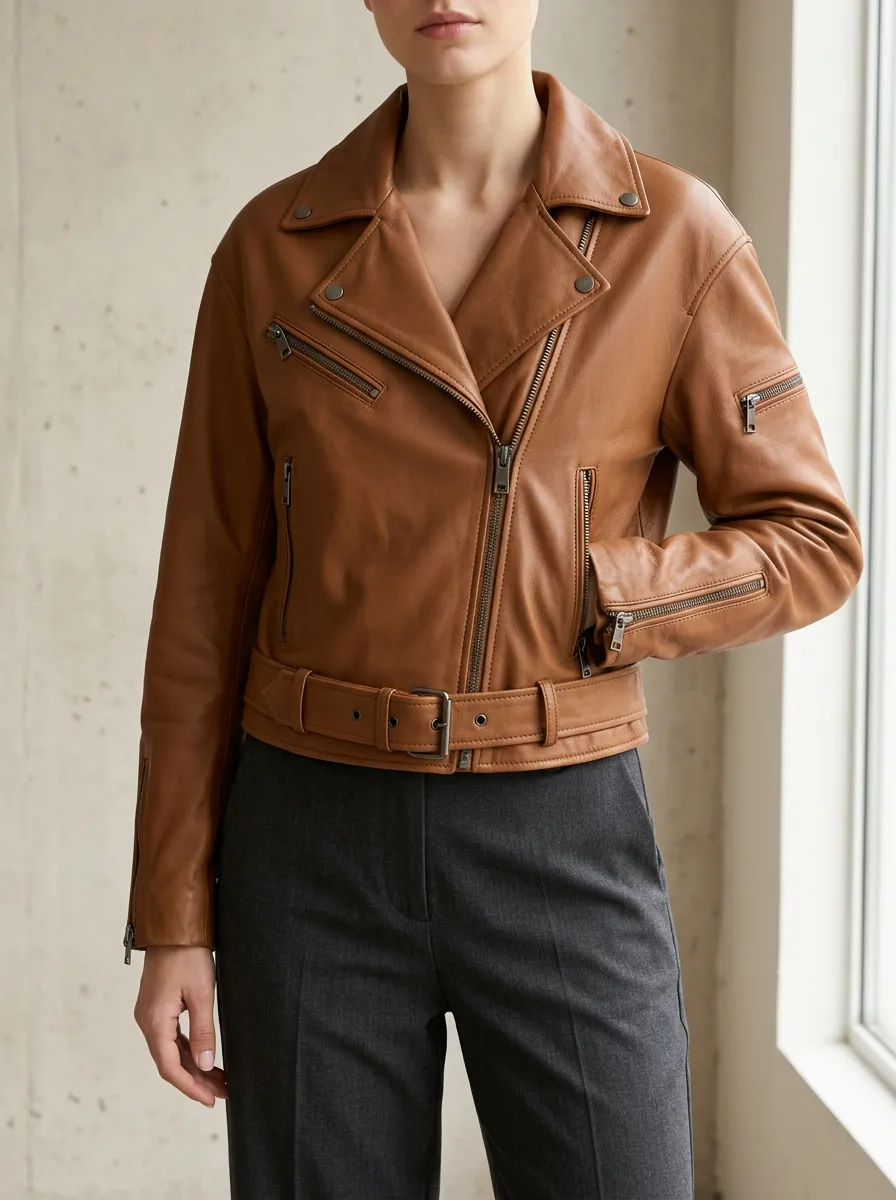 Women's Brown Leather Biker Belted Moto Jacket