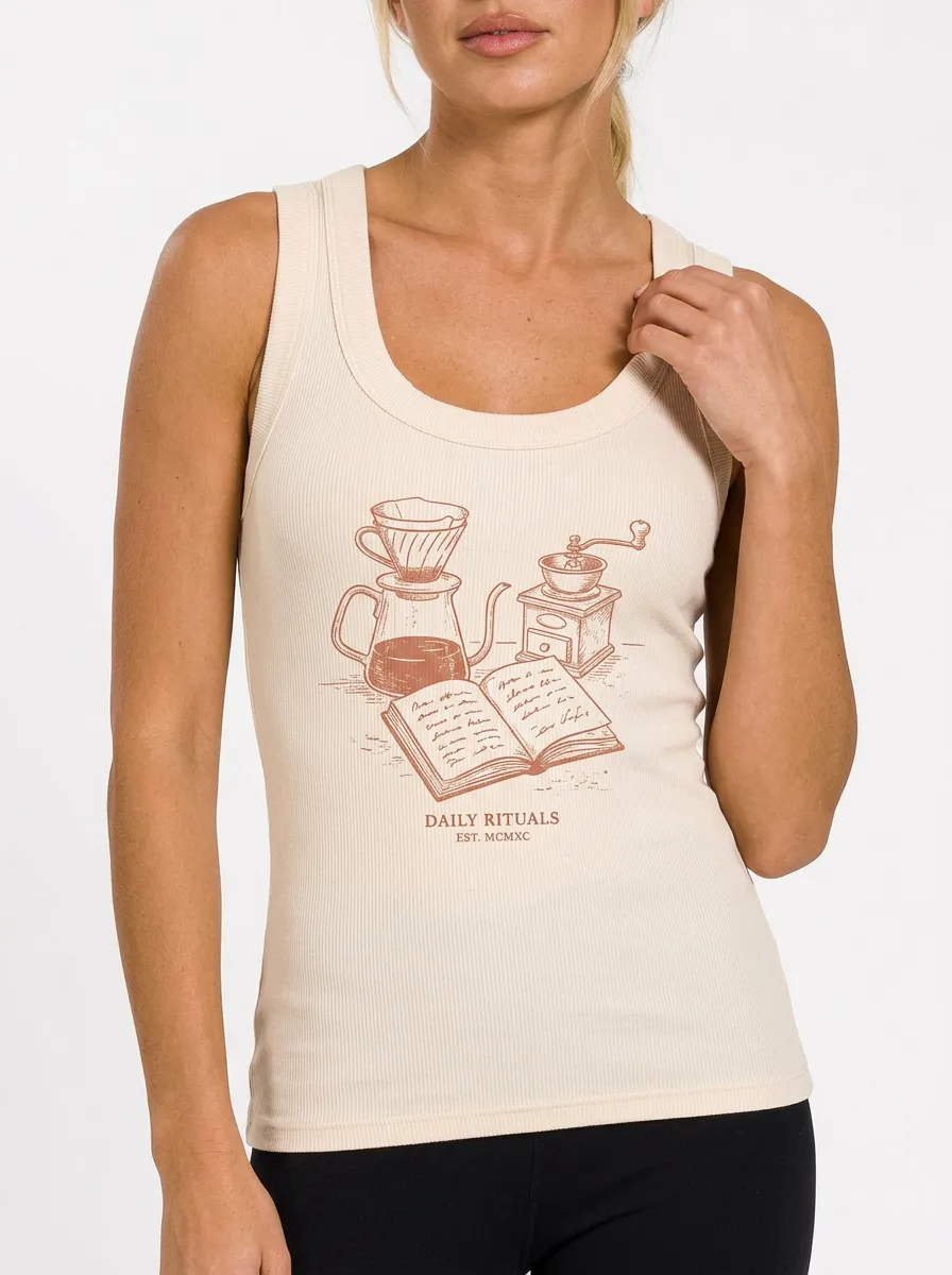Women's Coffee Lover Daily Rituals Book Printed Ribbed Tank Top