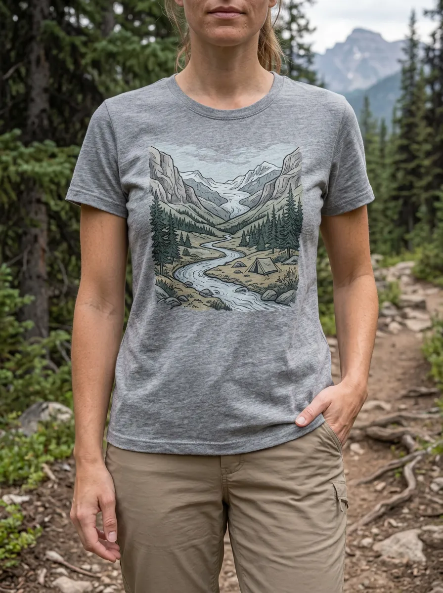 Women's Wilderness Camping Nature Lover Mountain River Crew Neck T-Shirt
