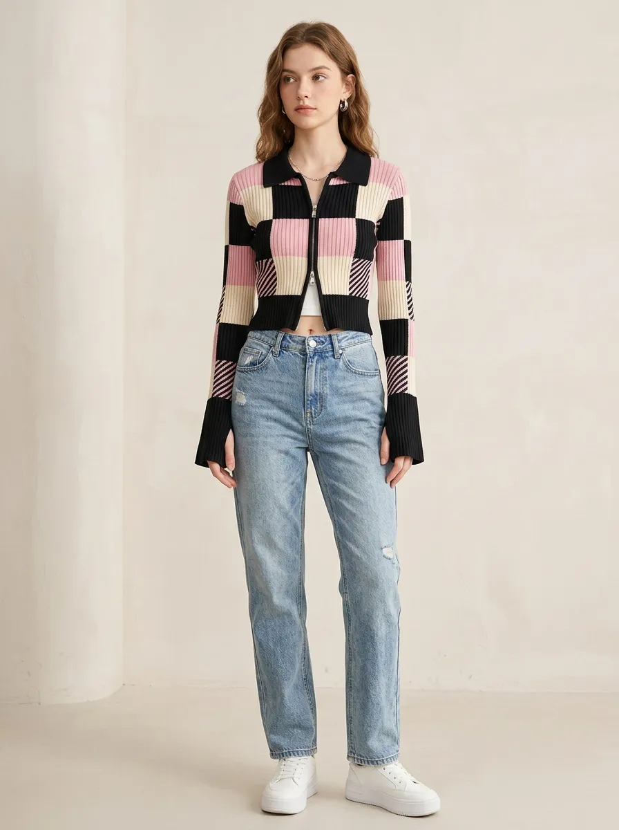 Women's Y2K Aesthetic Pink Black Checkered Pattern Knitted Zip-up Cardigan
