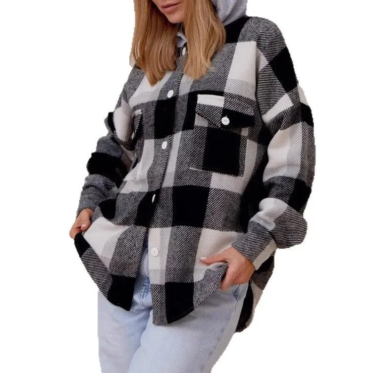 Hooded Plaid Wool-Blend Relaxed Outerwear Coat