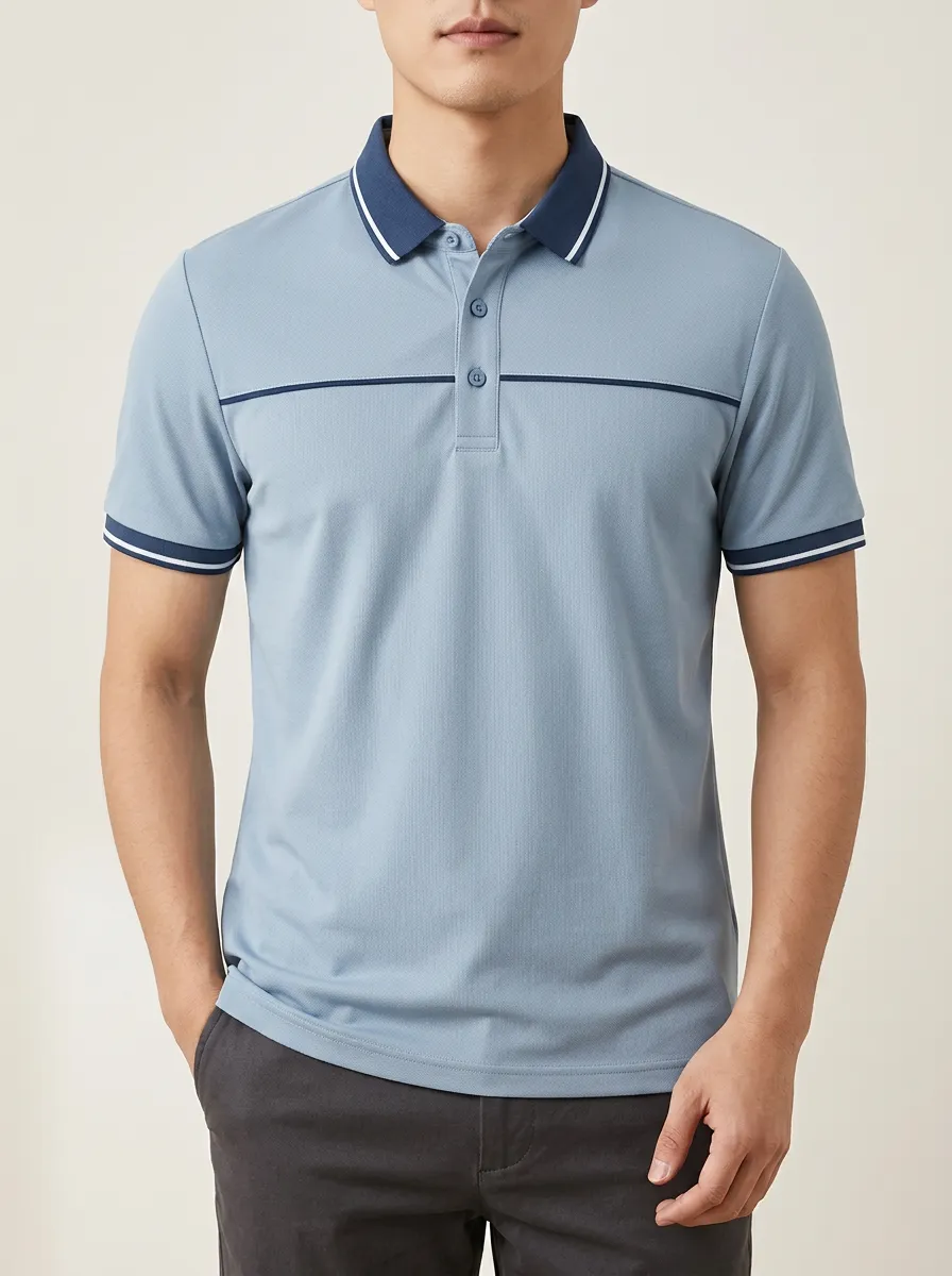 Men's Smart-Casual Light Blue Contrast Trim Printed Polo Shirt