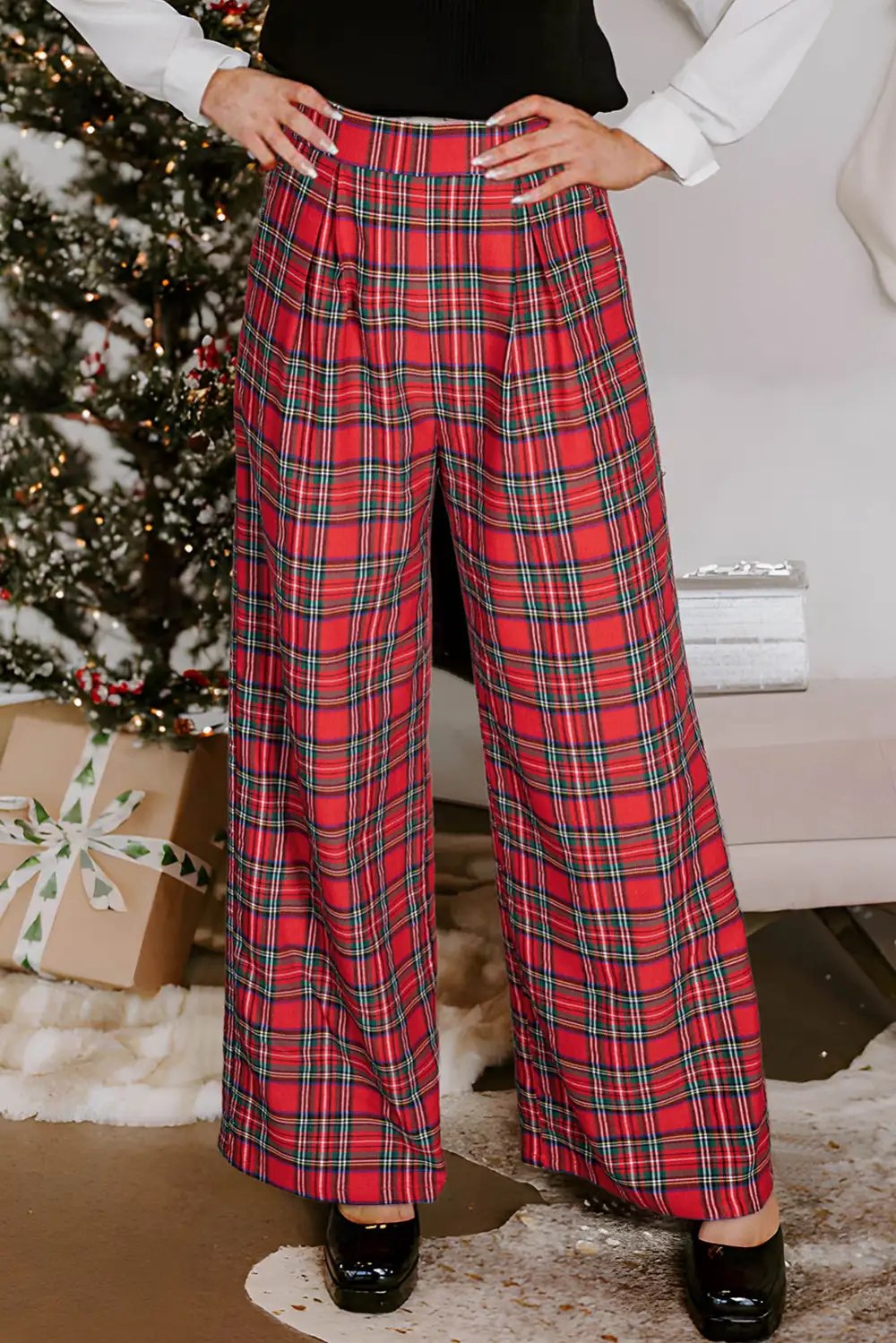 Festive Plaid Wide Leg Pull On Trousers