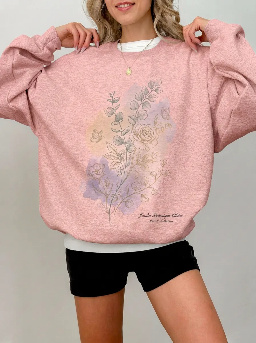 Women's Botanical Floral Butterfly Watercolor Printed Sweatshirt