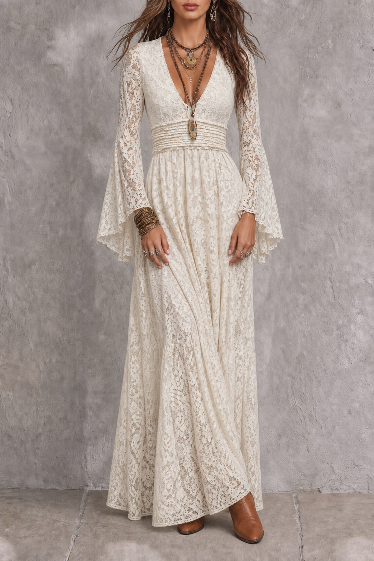 Plunge Neck Pleated Lace Maxi Dress