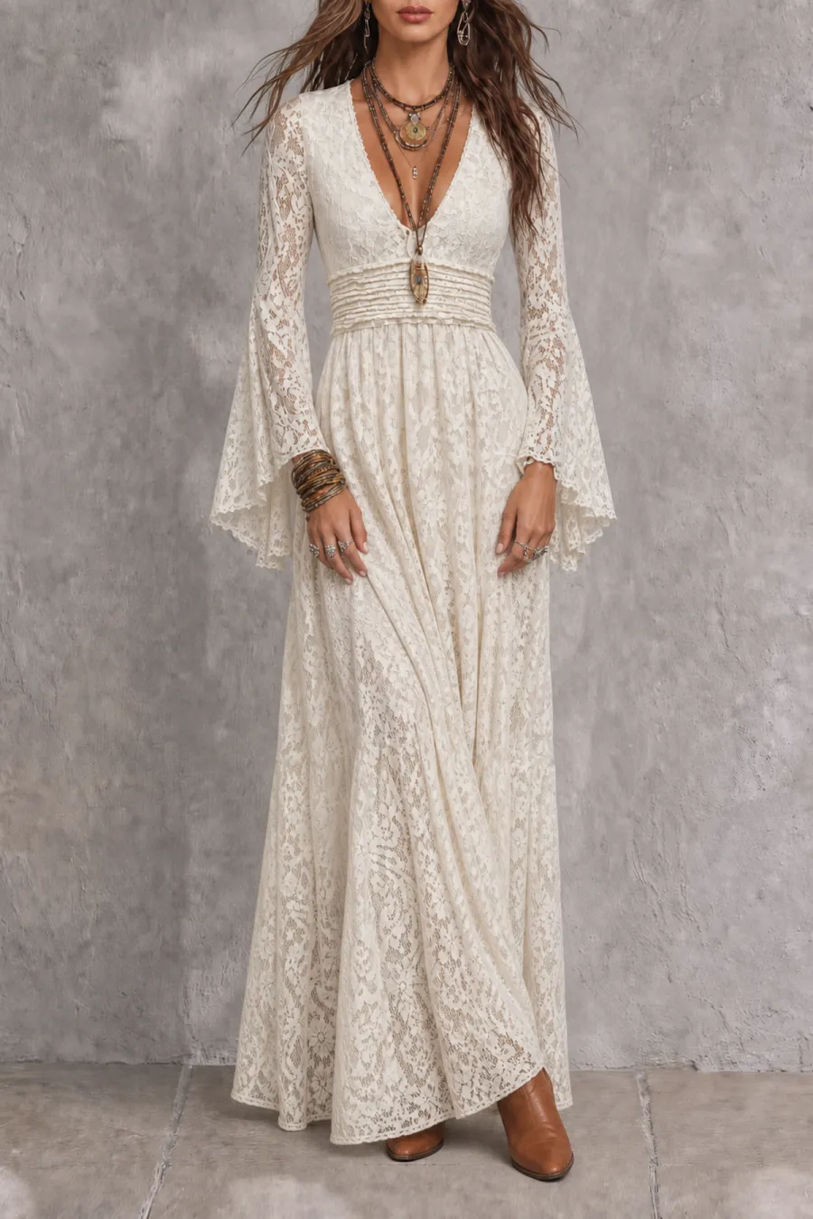 Plunge Neck Pleated Lace Maxi Dress