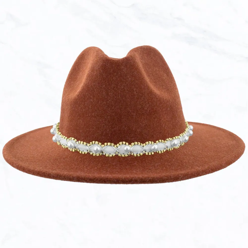 Woman Jazz Hat Pure Wool Top Pearl Belt Hat