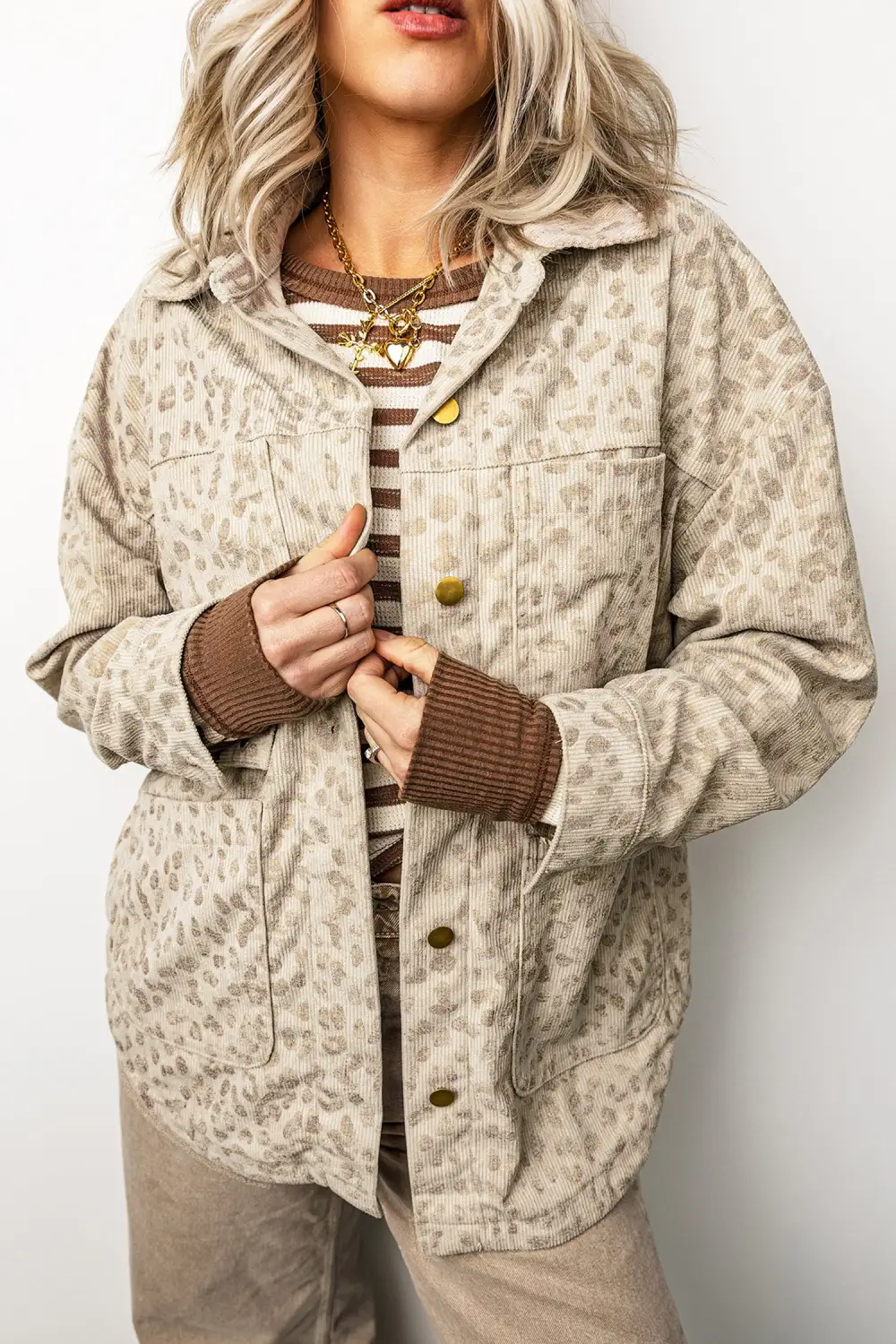 Women's Leopard Print Corduroy Shirt Collar Long Sleeve Regular Fit Jacket
