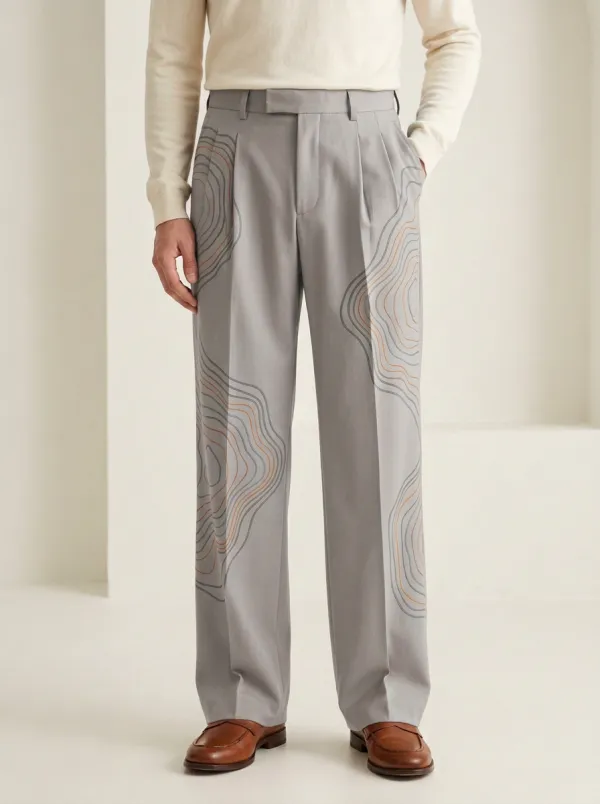 Men's Abstract Topographic Line Printed Wide Leg Trousers