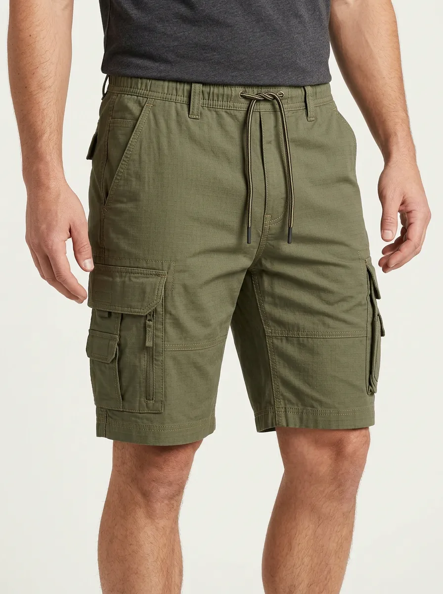Men's Drawstring Waist Elastic Waist Grid Texture Cargo Shorts